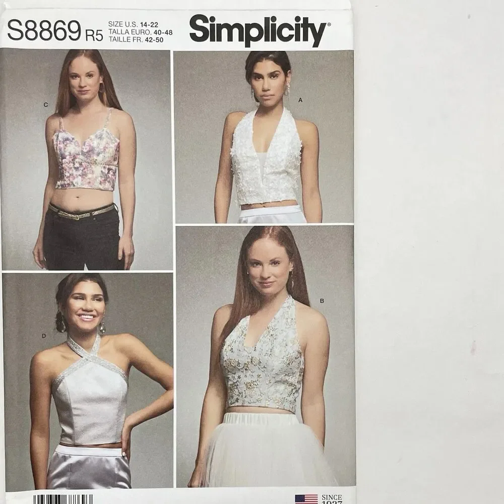 Simplicity S8869 Sewing Pattern Misses Lined Crop Halter Tops Size 14-22 R5 UNCU